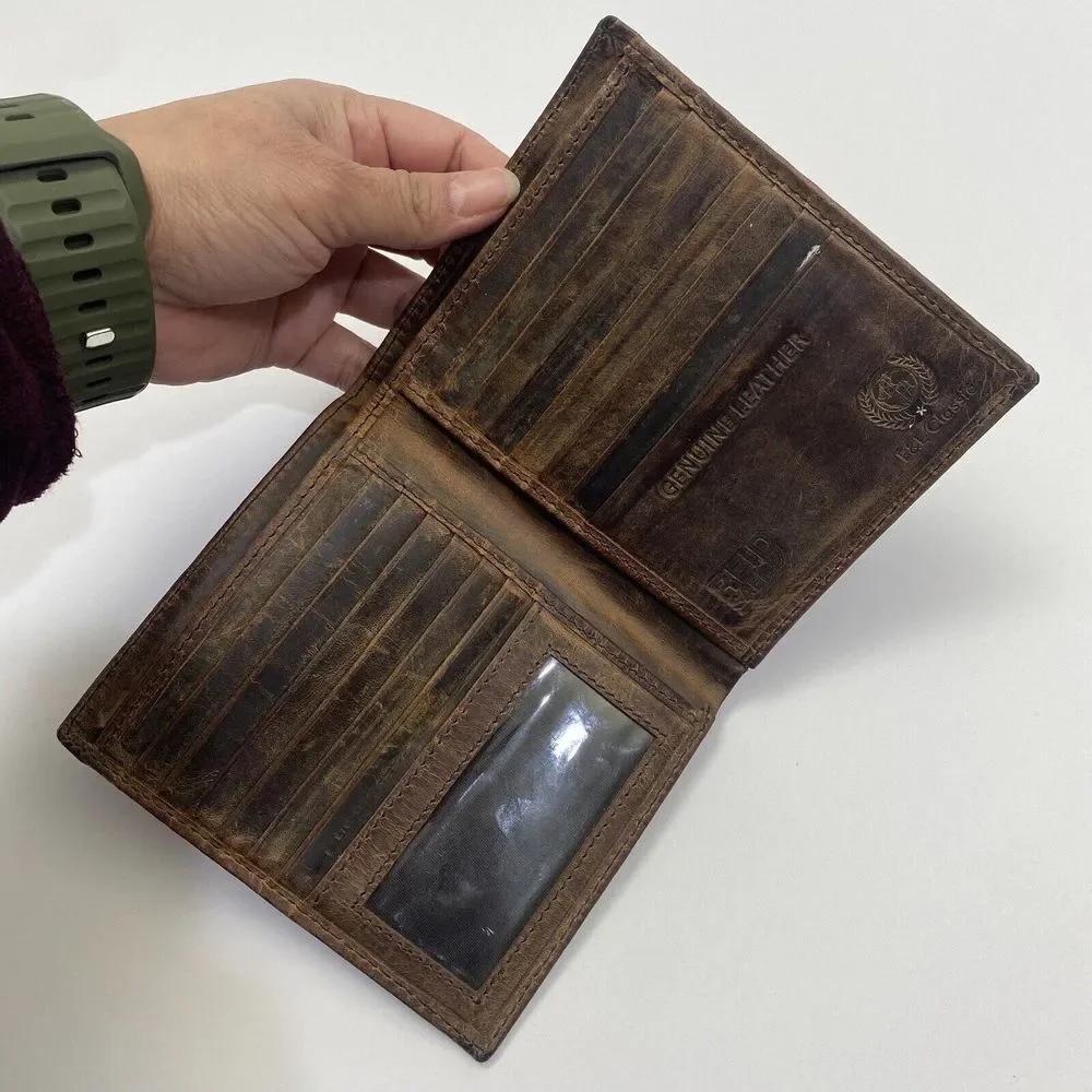 F&L Classic‎ Brown Genuine Leather Bifold Wallet RFID Safe Vintage